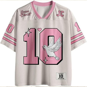 Camiseta deportiva rosa con cuello en V y estampado gráfico de inspiración religiosa para mujer, estilo casual y urbano, top de verano. - Product Image 1