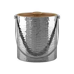 Hammered Stainless Steel Ice <b>Bucket</b> <b>with</b> Wooden <b>Lid</b> Round Silver Vintage Beverage Cooler Tub - Product Image 5