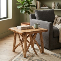Mesa de Centro Moderna Rústica de Madera Maciza de Teca con Bordes Naturales y Patas de Rama, Mueble Portátil Hecho a Mano para Sala de Estar