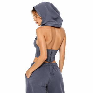Haut court gris à capuche pour femme, style corset, col en V, dos nu, sans manches, sweat-shirt personnalisé avec logo, débardeur uni, streetwear décontracté - Product Image 2