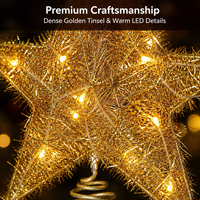 Décor de sommet d'arbre de Noël en fer en forme d'étoile pentagonale avec guirlande dorée, lumières LED chaudes et base à ressort robuste 12x15cm pour la décoration des fêtes