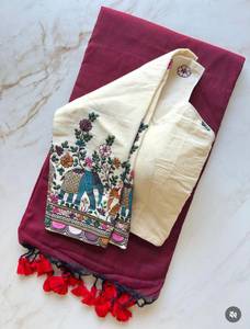 Sari en coton Khadi tissé à la main par un designer, avec broderie entièrement réalisée, et chemisier en coton Aura. - Product Image 2