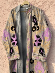 Velvet Suzani Hand Embroidery Animal Print Autumn Winter Breathable Long Jacket Open <b>Stitch</b> Closure Cotton Filled Ethnic Indian - Product Image 4