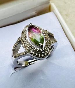 Vintage Bio Tourmaline Marquise Cut Natural <b>Crystal</b> Cocktail <b>Ring</b> 925 Silver Pave Setting Women's Everyday Wear - Product Image 6