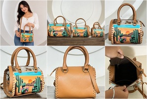 2026 Wholesale Hand Painted Desert Cactus Design Speedy Bag <b>Genuine</b> Cowhide Leather Boutique Duffle Purse Travel Tote for Women - Product Image 3