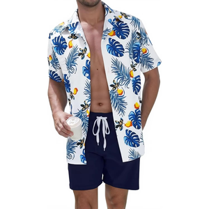 Conjunto de 2 piezas para hombre, camisa y pantalones cortos con estampado hawaiano, azul Monstera XL, poliéster tejido transpirable - Product Image 1