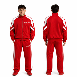 Custom Men Red Tracksuit Set Victory Sportswear <b>Zip</b> <b>Up</b> <b>Jacket</b> Jogger Pants Gym Running Tracksuit Set - Product Image 1