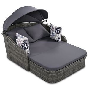Lit de repos double réglable pour extérieur de 79,9 po en rotin PE blanc avec coussin gris et abri solaire - Product Image 1