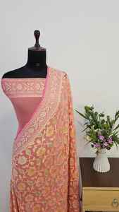 Sari en Chiffon Georgette Khaddi Banarasi Pur, Teinture au Pinceau Rangkat, Semi-Tissé à la Main, Luxe, Vêtement de Mariage Indien, Tenue Traditionnelle de Fête - Product Image 5