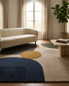 Tapis en laine tufté à la main, à poils bicolores, style abstrait mi-siècle, gris anthracite, bleu marine, jaune moutarde, grand format pour salon, design de créateur - Product Image 4