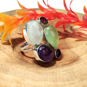 Bague Statement Vintage Multi-Pierres Naturelles en Argent Sterling 925 avec Améthyste, Préhnite, Pierre de Lune, Grenat Cabochon (Tiers) - Product Image 2