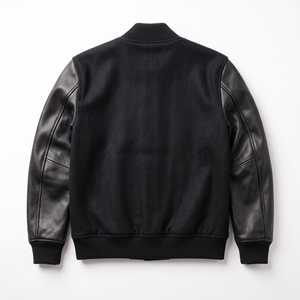 Blouson universitaire noir pour homme avec manches en cuir gris, col montant, fermeture boutonnée, style décontracté, hiver, logo frontal - Product Image 5
