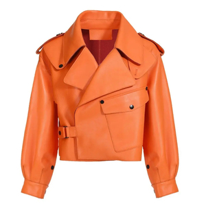 Blouson Moto Femme Tendance en Cuir Véritable Orange, Col Rabattu, Manches Longues, Épaulettes, Fermeture Ceinture, Style Automne - Product Image 1