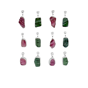จี้พลอยทัวร์มาลีนสีชมพูและสีเขียวจี้เงินแท้แบบ925พรีเมี่ยมตัดหยาบพร้อมสปริงล็อคชุด12ชิ้น - Product Image 1