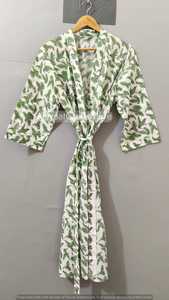 Bata Larga de Invierno para Mujer, 100% Algodón, Suave, con Estampado de Hojas Verdes, Sin Cuello, Manga Larga, Cierre con Cordón, Ropa de Dormir Informal - Product Image 5
