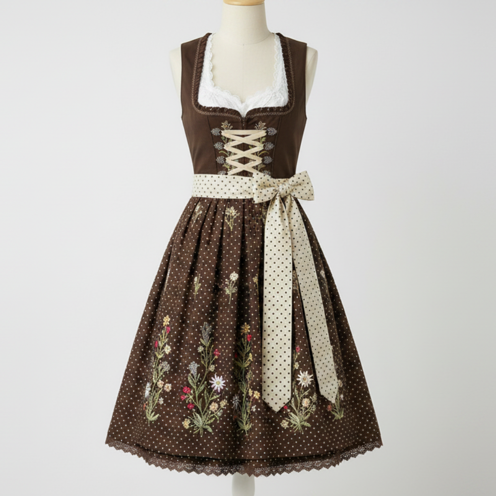 Traditional German Womens Dirndl Dress Brown Floral Embroidery Polka Dot Apron Custom Oktoberfest Bavarian Costume Manufacturer