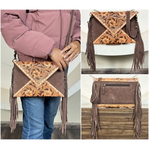 New Design Hand Tooled Suede Leather Fringe Crossbody Bag Women's Multifunctional Envelope Bag Genuine Leather Clutch <b>Handbags</b> - Product Image 1