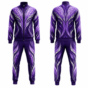 Conjunto Deportivo Unisex Morado con Estampado de Alas Plateadas, Chaqueta con Cierre Completo y Pantalones Deportivos Transpirables de Poliéster para Otoño con Bolsillos Laterales - Product Image 1
