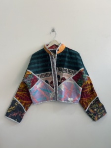 Kantha Handmade Spandex/Cotton Vintage Boho <b>Patchwork</b> <b>Jacket</b> with Horn Buttons Reversible - Product Image 2