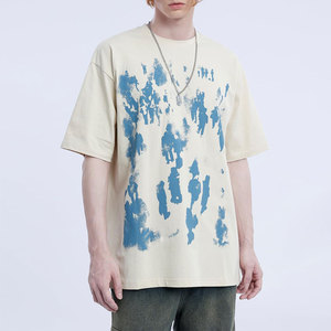 Camiseta Extra Grande para Hombre, Color Crema, Manga Corta, Cuello Redondo, Estilo Casual, Corte Regular, Estampado Azul, Tejido de Punto - Product Image 4