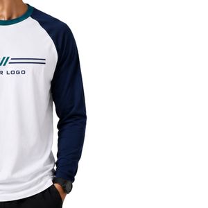 Camiseta de manga larga raglán personalizada en blanco y azul marino para hombre, de algodón premium, cuello redondo, con gráfico de béisbol, ropa personalizada OEM. - Product Image 4