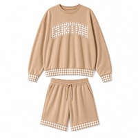 Ensemble de mode pour femmes : Sweat-shirt oversize à col rond et short assorti, avec poignets à carreaux, en tissu premium confortable
