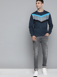 Sudadera de Cuello Redondo Azul Marino para Hombre, Diseño con Bloques de Color, Corte Regular, Tejido de Punto, Informal, para Otoño - Product Image 3