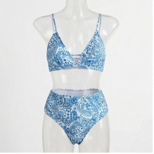 Women's Blue Paisley Print 2 Piece <b>Bikini</b> <b>Set</b> Deep V Neck Triangle Top High Waist Bottoms Stretch Swimwear - Product Image 1