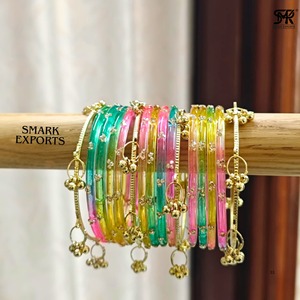 Luxury Handmade Gold Plated Kashmiri Multi Color Glass Bangle Set with Ghungroo Traditional Ethnic Fashion Jewelry for Women - Product Image 2