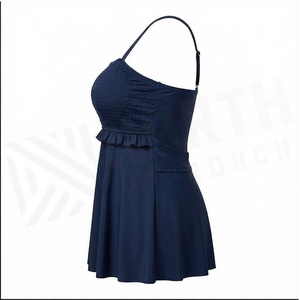 Women's Navy Blue One Piece <b>Swimdress</b> With Ruffles And Ribbed Bodice Spandex Polyester Stretch Beachwear - Product Image 3