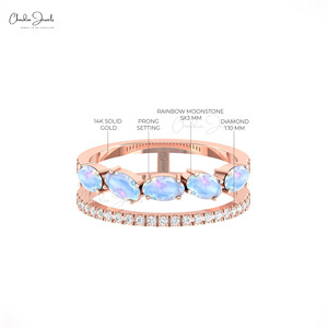 Hot-Selling Natural 5x3mm Oval Shape Rainbow Moonstone Diamond Parallel <b>Ring</b> in 14k Rose Gold Wedding <b>Stacking</b> Jewelry for Women - Product Image 3