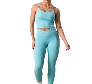 Women's Yoga Leggings Set High Waist Full Length Solid Color Seamless Activewear <b>Pants</b> Sports Bra 2 Piece Workout Clothing - Product Image 1