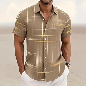 Camisa de hombre con estampado geométrico a cuadros, informal, a la moda, para vacaciones al aire libre, estilo urbano, camisa de manga corta con estampado 3D - Product Image 3