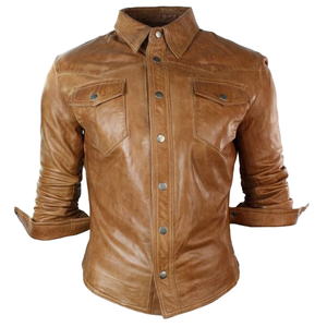 Men's Brown Leather Shirt Full Sleeve Biker Style Shirt Turn-<b>down</b> Collar Solid Color Casual Autumn Wear - Product Image 3