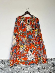 Orange Monkey Hand Screen Print Cotton <b>Skirt</b>, Bohemian Tiered Women Maxi <b>Skirt</b> - Product Image 1