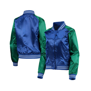 แจ็คเก็ตบอมเบอร์ผ้าซาตินคุณภาพสูงแบบยูนิเซ็กซ์ สีเขียวน้ำเงินตัดกัน แจ็คเก็ตเบสบอลวาร์ซิตี้แบบมันเงา แต่งแถบยางยืดเนื้อนุ่ม - Product Image 1
