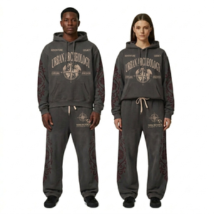 Conjunto Deportivo Unisex con Capucha de Arqueología Urbana, Sudadera y Pantalones de Forro Polar Gris Oscuro con Estampado Tribal, Traje Deportivo Informal Holgado - Product Image 1