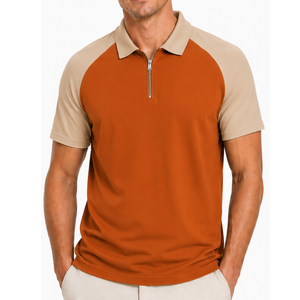 Premium Men's Quarter Zip Raglan <b>Polo</b> Shirt <b>Orange</b> Beige Two Tone Short Sleeve Golf <b>Polo</b> Shirts - Product Image 1