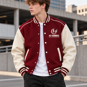 Fly Humble Men's Varsity <b>Jacket</b> Red <b>White</b> Embroidered Logo reppy Style Autumn Wear Red <b>white</b> embroidered varsity <b>jacket</b> - Product Image 1