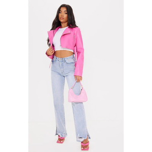 Stylish Women's Breathable Cropped <b>Pink</b> Leather <b>Biker</b> <b>Jacket</b> Trendy Moto Design Belt Long Streetwear Casual Fashion - Product Image 2