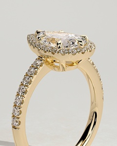 แหวนเพชรเม็ดเดี่ยวทรงลูกแพร์ 14k 18k ทองคำแท้ ประดับเพชร CVD แบบ Halo พร้อมขอบเพชร Pave Sett แหวนหมั้นสุดหรู OEM - Product Image 2