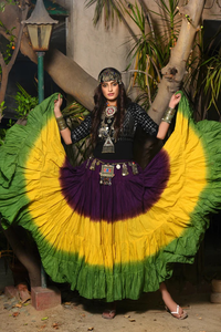 Ethnic Boho <b>Tie</b> Dye Print Layered Maxi Skirt Yellow to Green with <b>Purple</b> Festival Flowy Skirt Women Full Length Skirt - Product Image 3