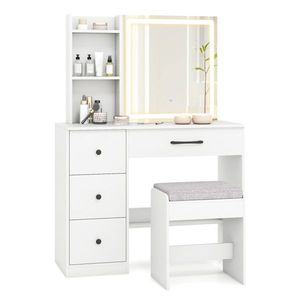 White Vanity <b>Desk</b> <b>Stool</b> Set 3-Mode LED Light Strip Anti-Topping Dressing Table with Ample Storage for Makeup Vanities - Product Image 1