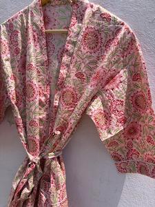 Bata de Baño Kimono de Algodón Floral para Mujer, Hecha a Mano con Estampado de Bloques, Estilo Boho, para Verano, Spa y Descanso, Regalo - Product Image 6