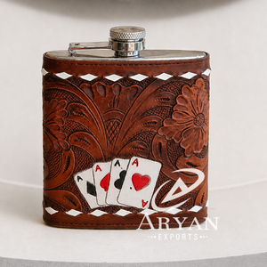 Gourde de hanche en cuir et acier inoxydable de 7 oz, gravée à la main, motif floral personnalisé, design de créateur, vente en gros 2026 - Product Image 1