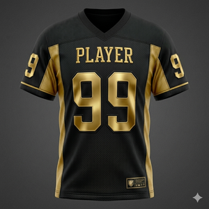 Camiseta de Fútbol Americano para Hombre, Negra y Dorada, de Malla, Cuello en V, Manga Corta, Transpirable, con Estampado Sublimado, Número 99 del Jugador, Logotipo Frontal - Product Image 1