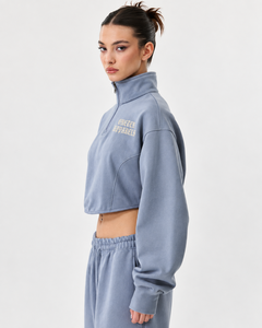 Onceten Apparels Cropped Half <b>Zip</b> <b>Sweatshirt</b> Oversized Fleece Solid Color Stand Collar Embroidered Front Unisex OEM Service - Product Image 4
