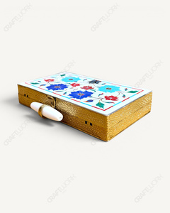 Pochette en marbre blanc |   Minaudière artisanale avec incrustation florale en pierre |   Sac de soirée de luxe pour mariée et femme - Product Image 4