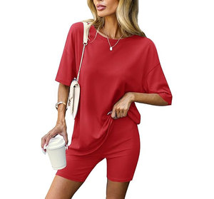 Women's Pink 2-Piece Shorts Set O-Neck Short Sleeve Loose Fit Casual Summer Knitted Solid Color Breathable Daily Wear Outfit - Product Image 5