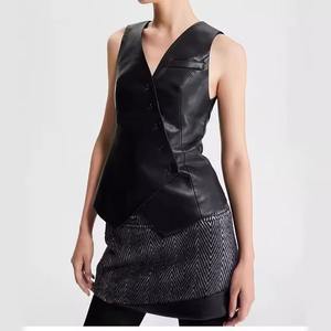 Veste en cuir d'agneau véritable pour femme, style rétro, imperméable, triple boutonnage, printemps-automne, noire, vente en gros - Product Image 1